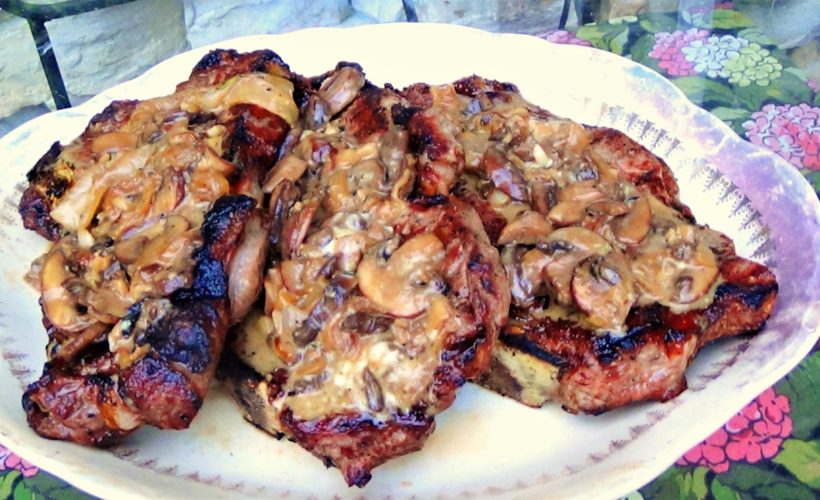 Grilled T-Bone Steaks with Onion, Mushroom and Blue Cheese Sauce