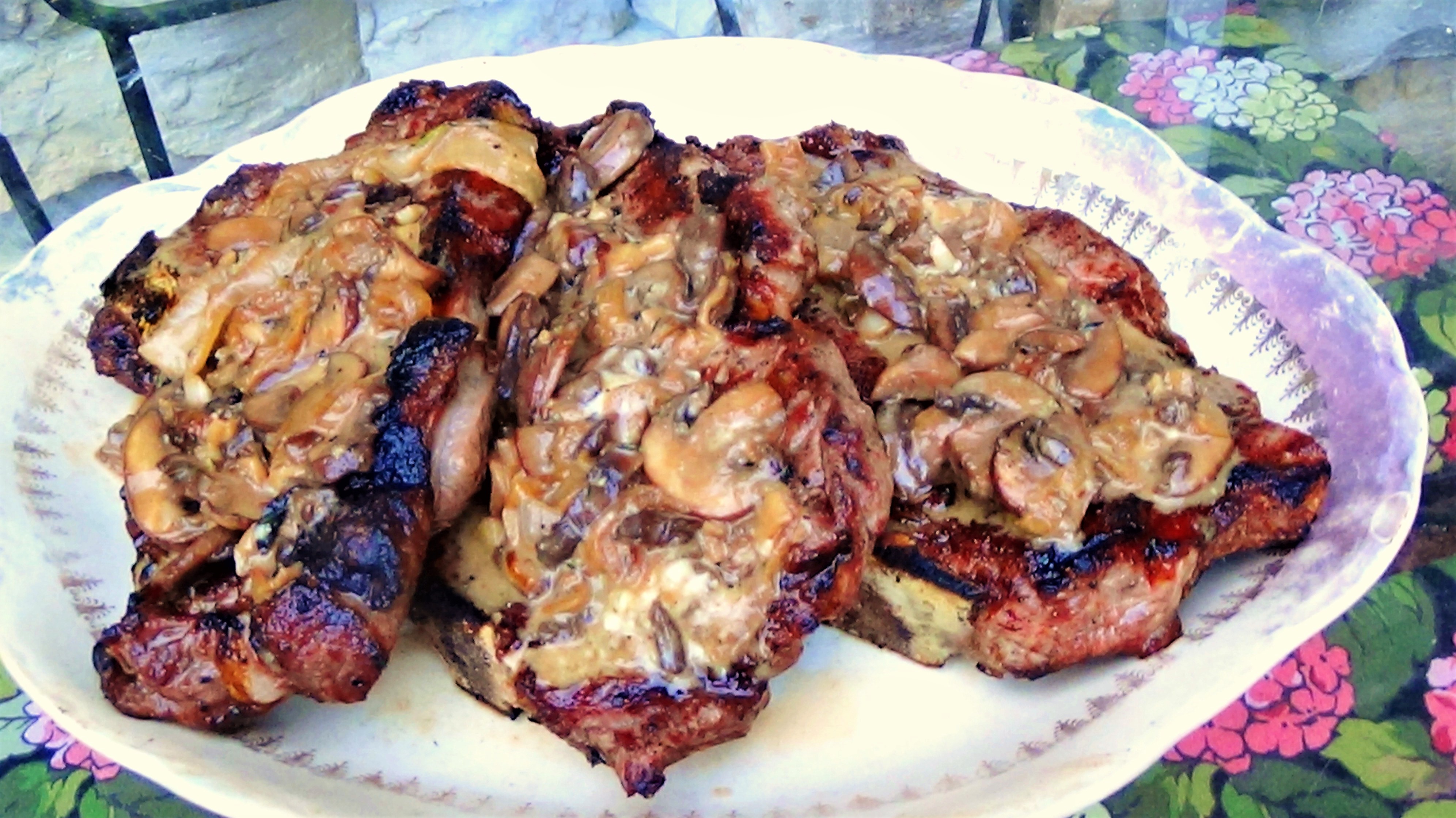 Grilled T-Bone Steaks with Onion, Mushroom and Blue Cheese Sauce