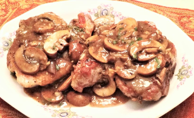 Seared Pork Chops with Mushroom, Brandy Pan Sauce