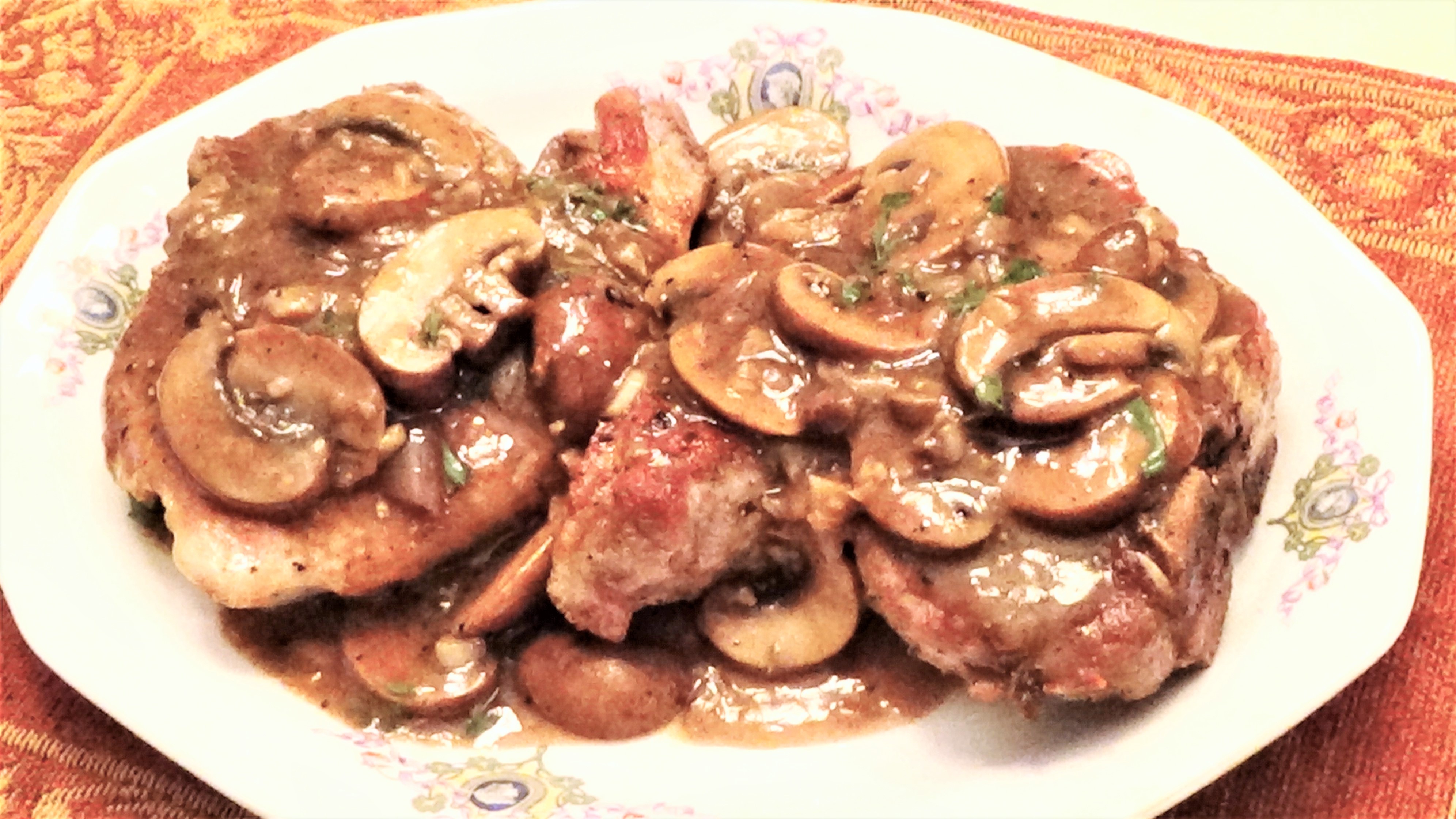 Seared Pork Chops with Mushroom, Brandy Pan Sauce