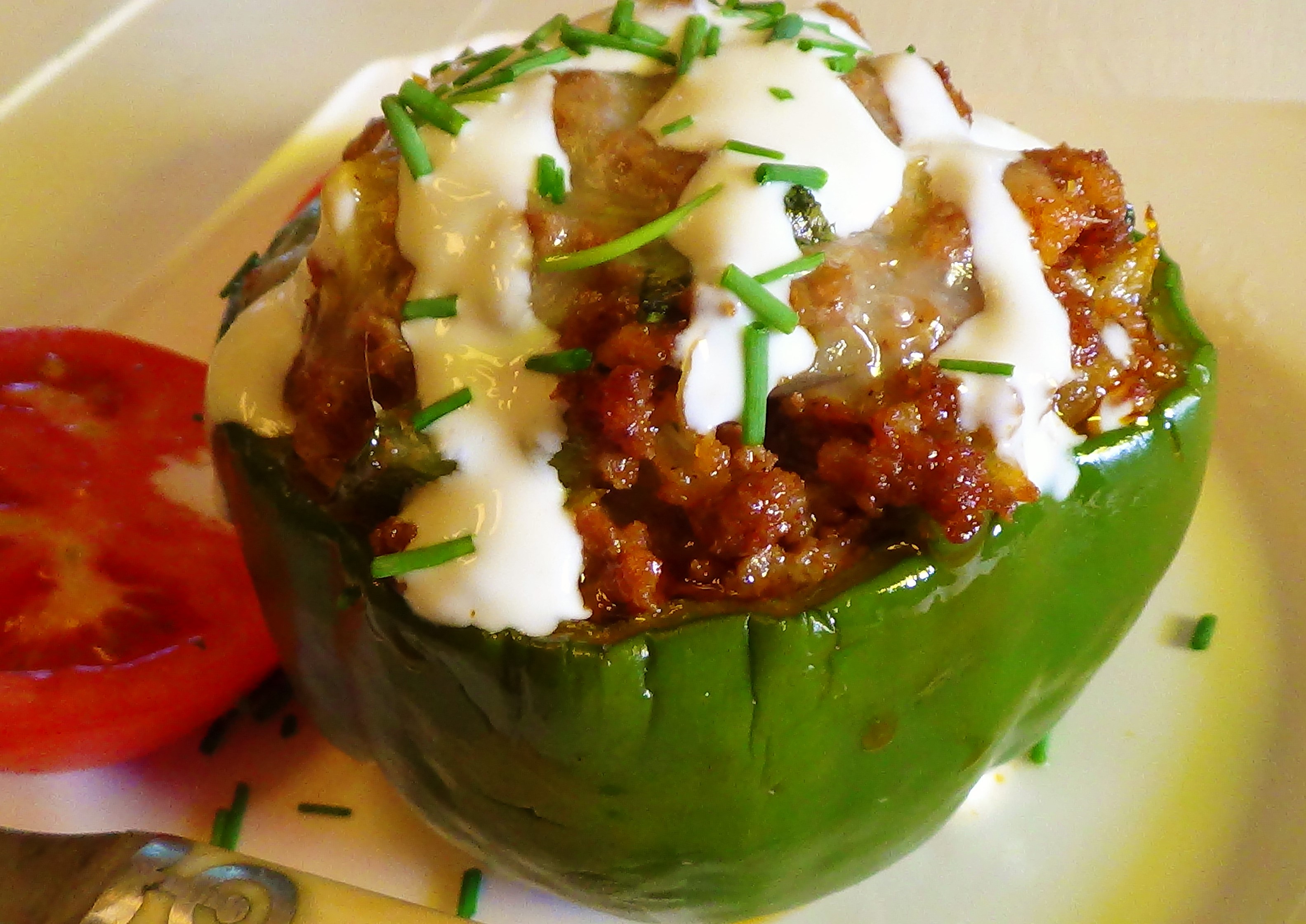 Chorizo Stuffed Peppers with Sour Cream Lime Sauce