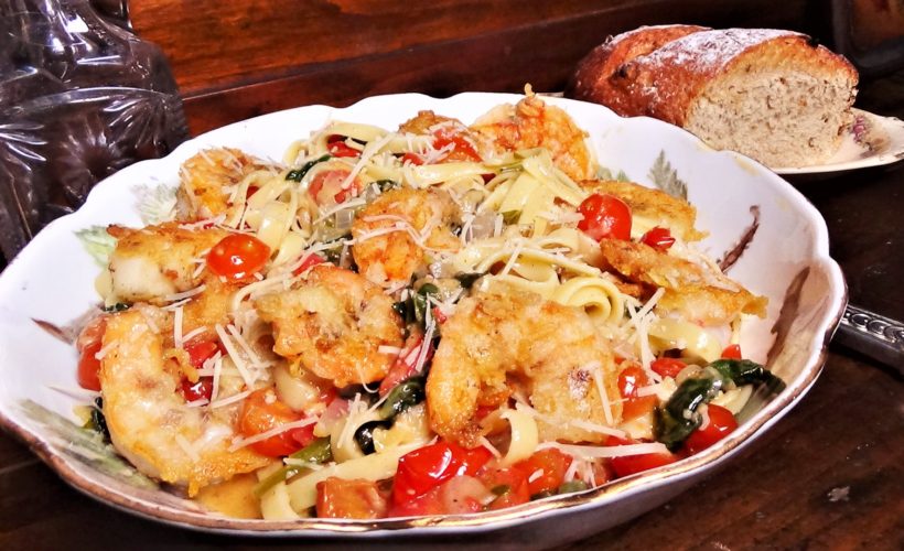 Fettuccini with Shrimp, Tomatoes and Spinach