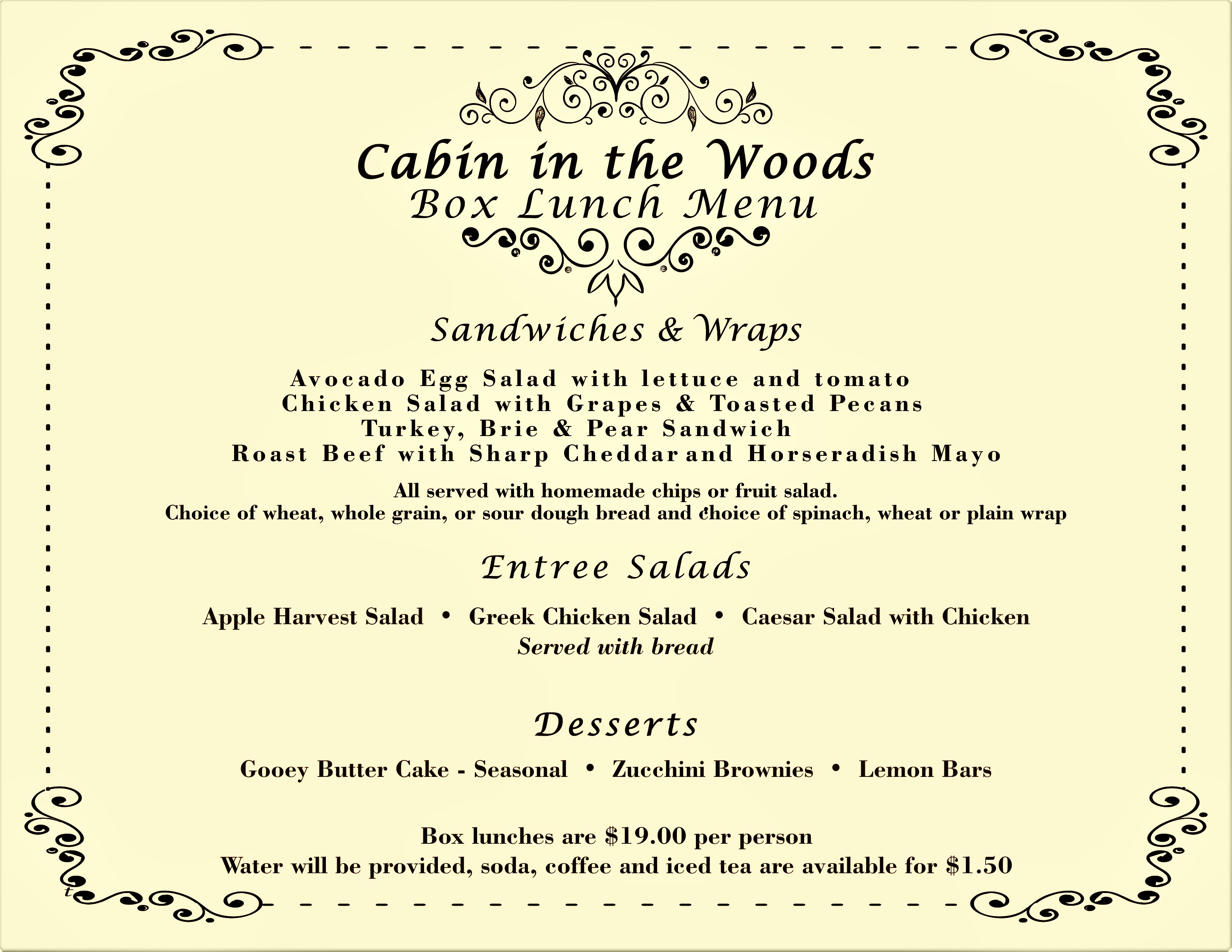 Cabin in the Woods – Box Lunch Menu