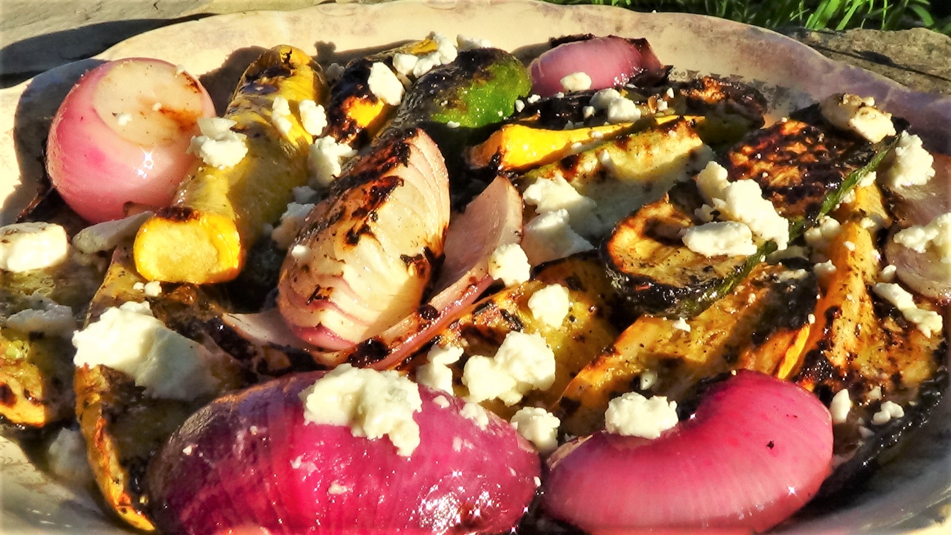 Grilled Summer Squash and Red Onion with Feta